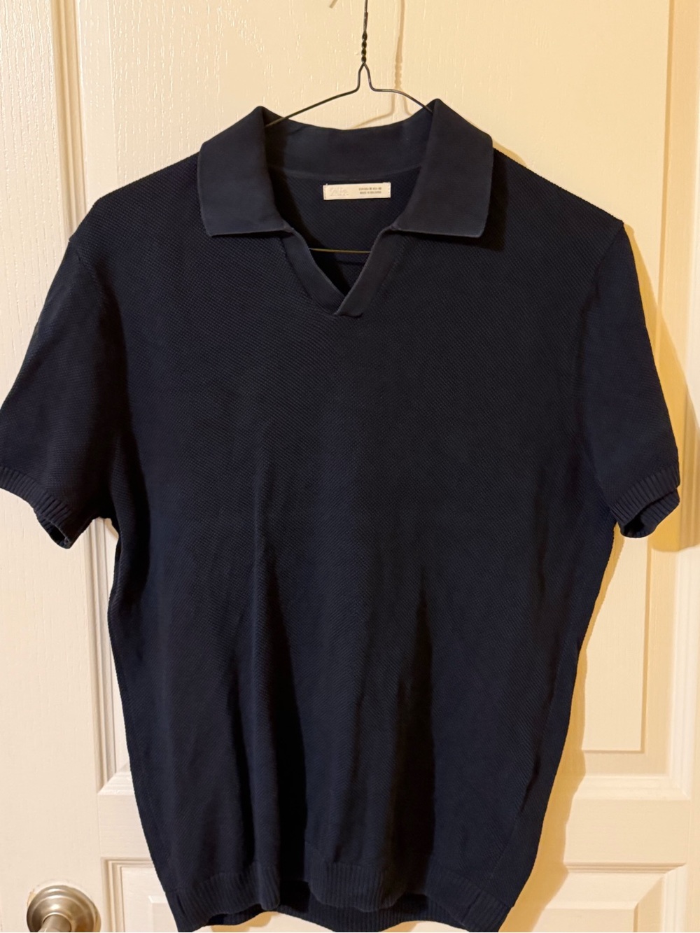 Zara Men's Navy Short-Sleeve V-Notch Polo